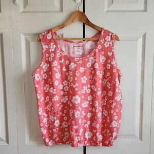 Woman Within Coral Floral Sleeveless Top Size LG Elastic Waistband Colorful